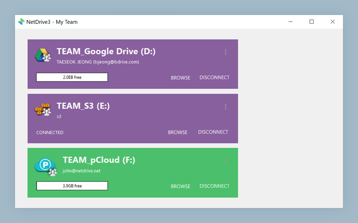 NetDrive drive manager showing Google Drive, S3 and pCloud mounted as drive letters