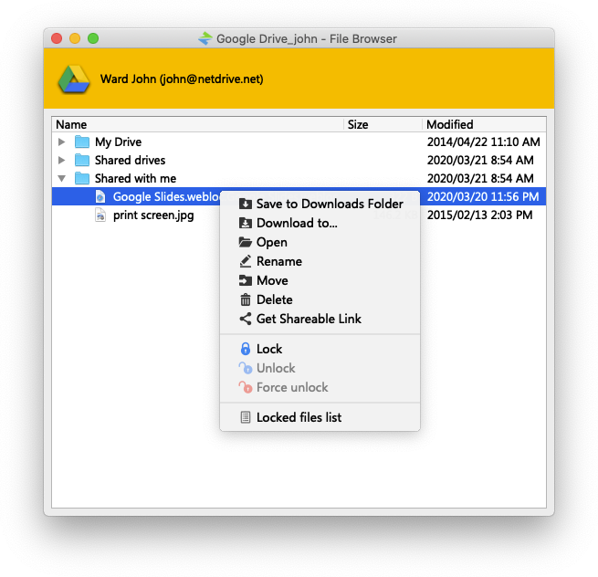 NetDrive File Browser window showing remote directory tree and file action menu