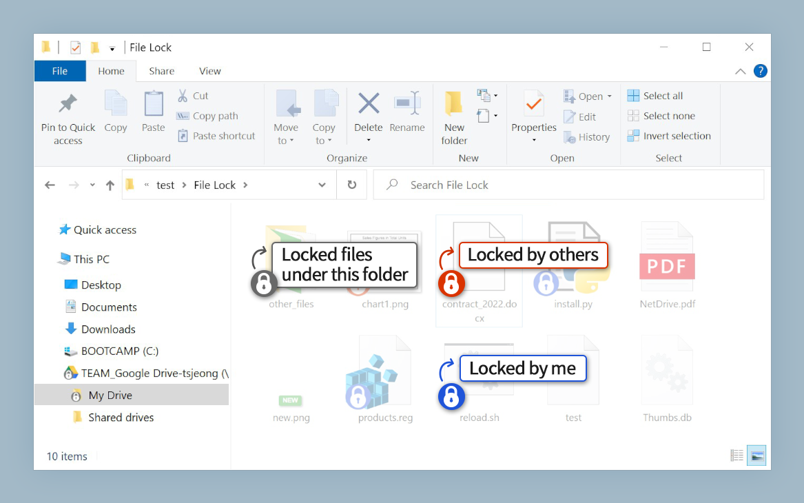 NetDrive file locking feature shown across multiple file types in a shared cloud drive