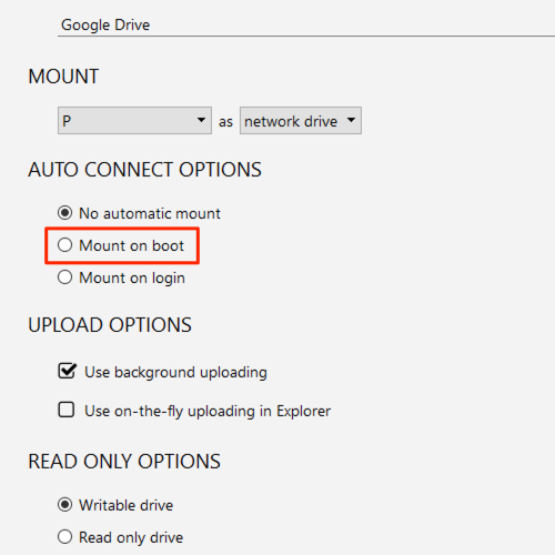 NetDrive boot mount settings showing auto-mount options for system boot and login