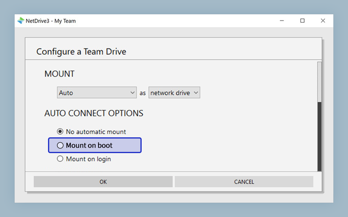 NetDrive auto-mount on boot without login setting, keeping drives available for system services