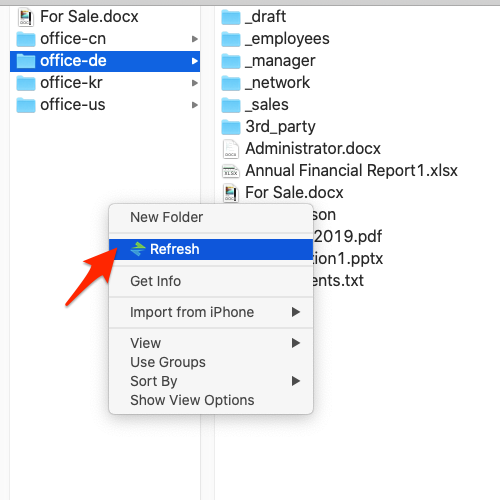 NetDrive's right-click context menu showing the folder refresh entry