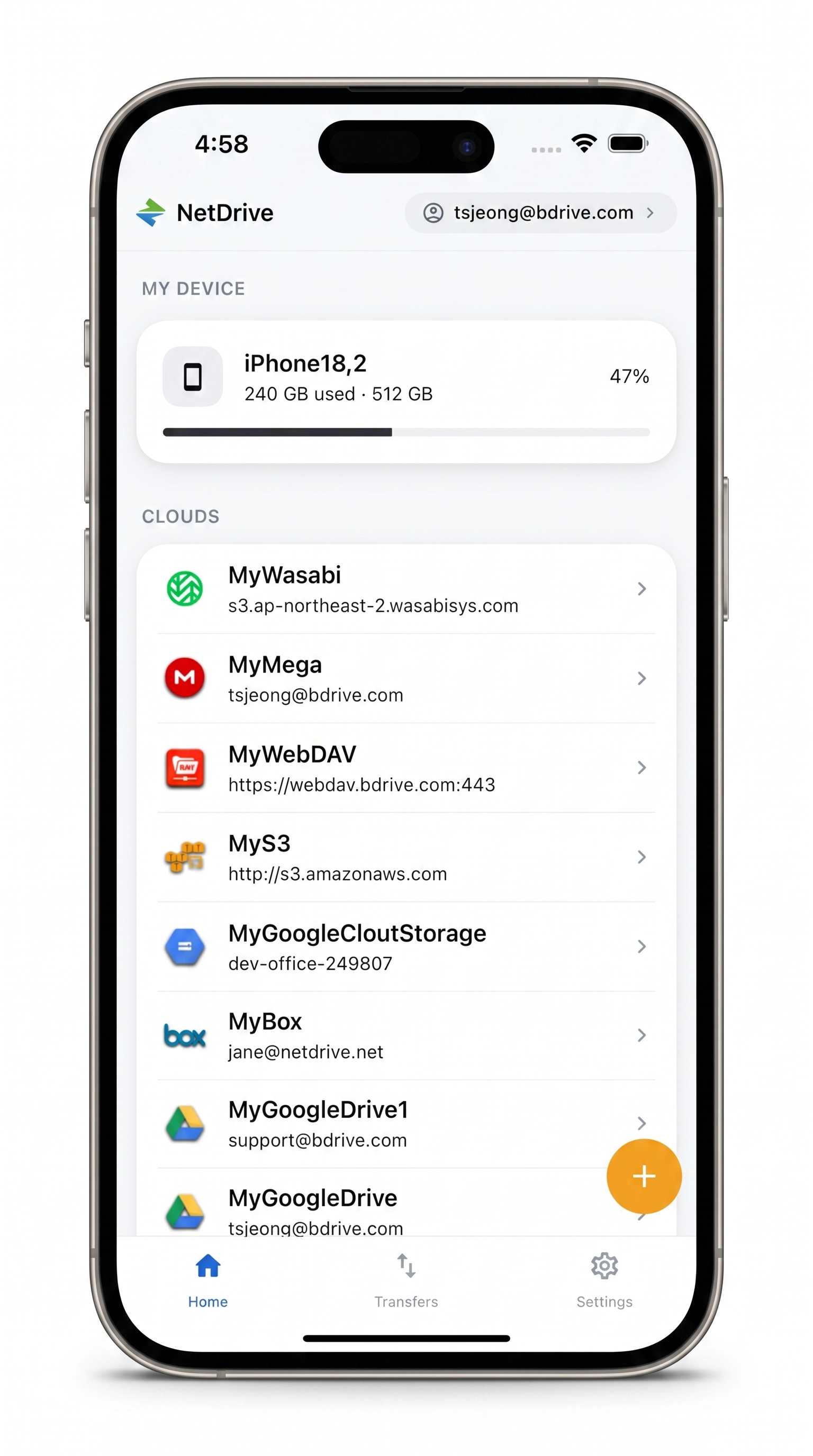 NetDrive Mobile home screen showing multiple connected cloud accounts