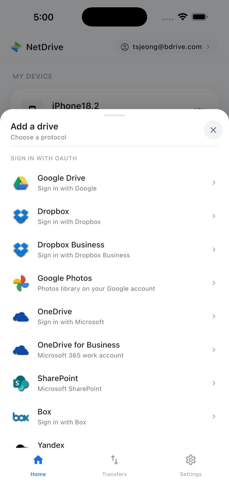 NetDrive Mobile add-a-drive screen for connecting cloud storage