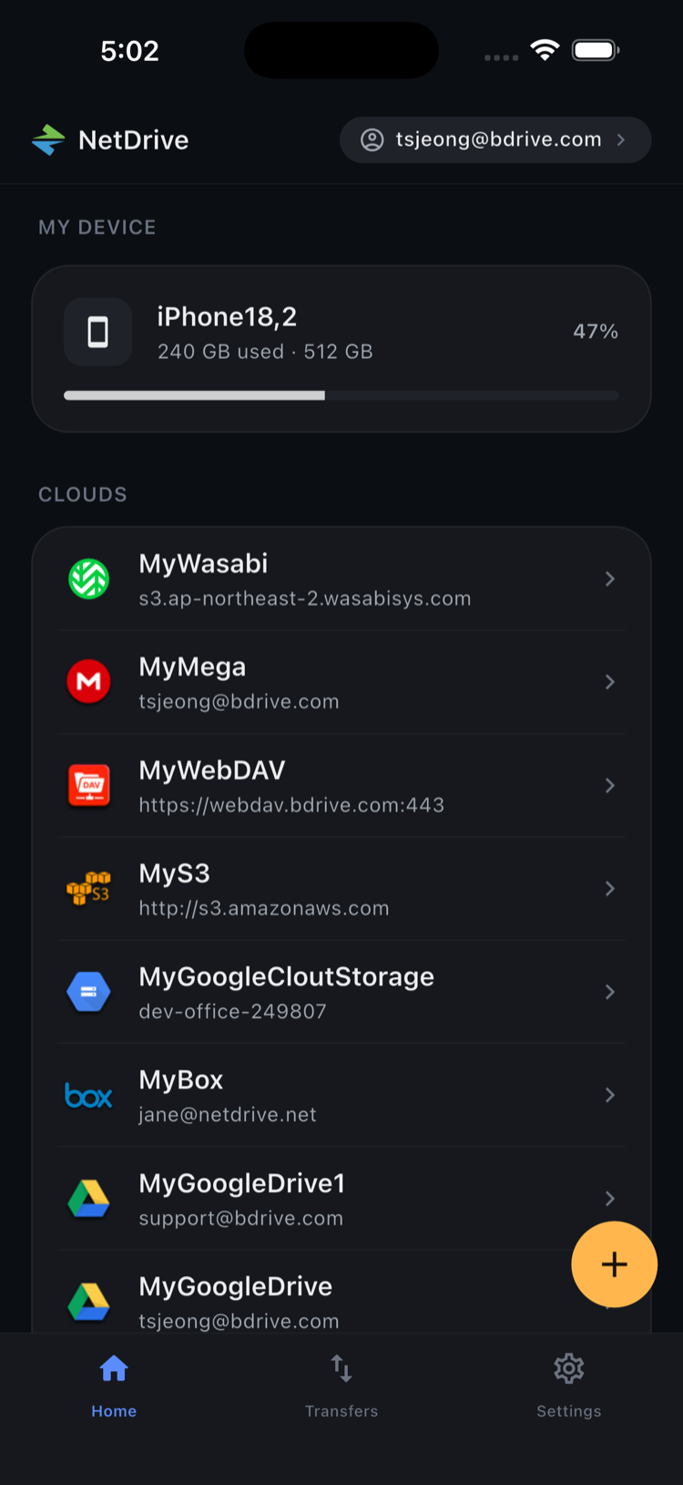 NetDrive Mobile home screen in dark theme with the same layout
