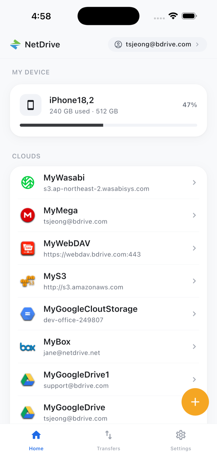 NetDrive Mobile home screen in light mode showing My Device and several connected cloud accounts