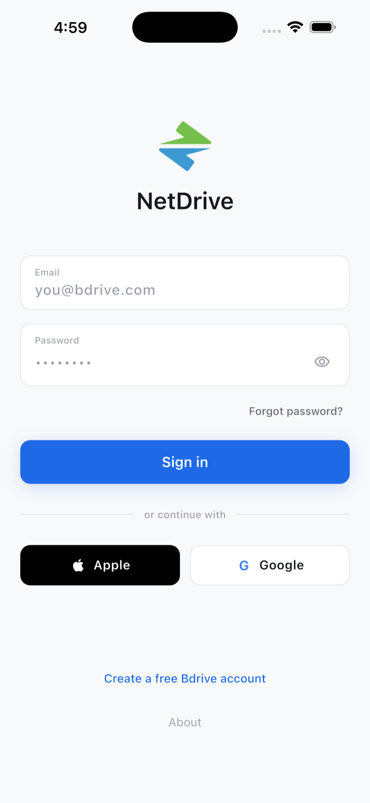 NetDrive Mobile login screen with email and social sign-in options