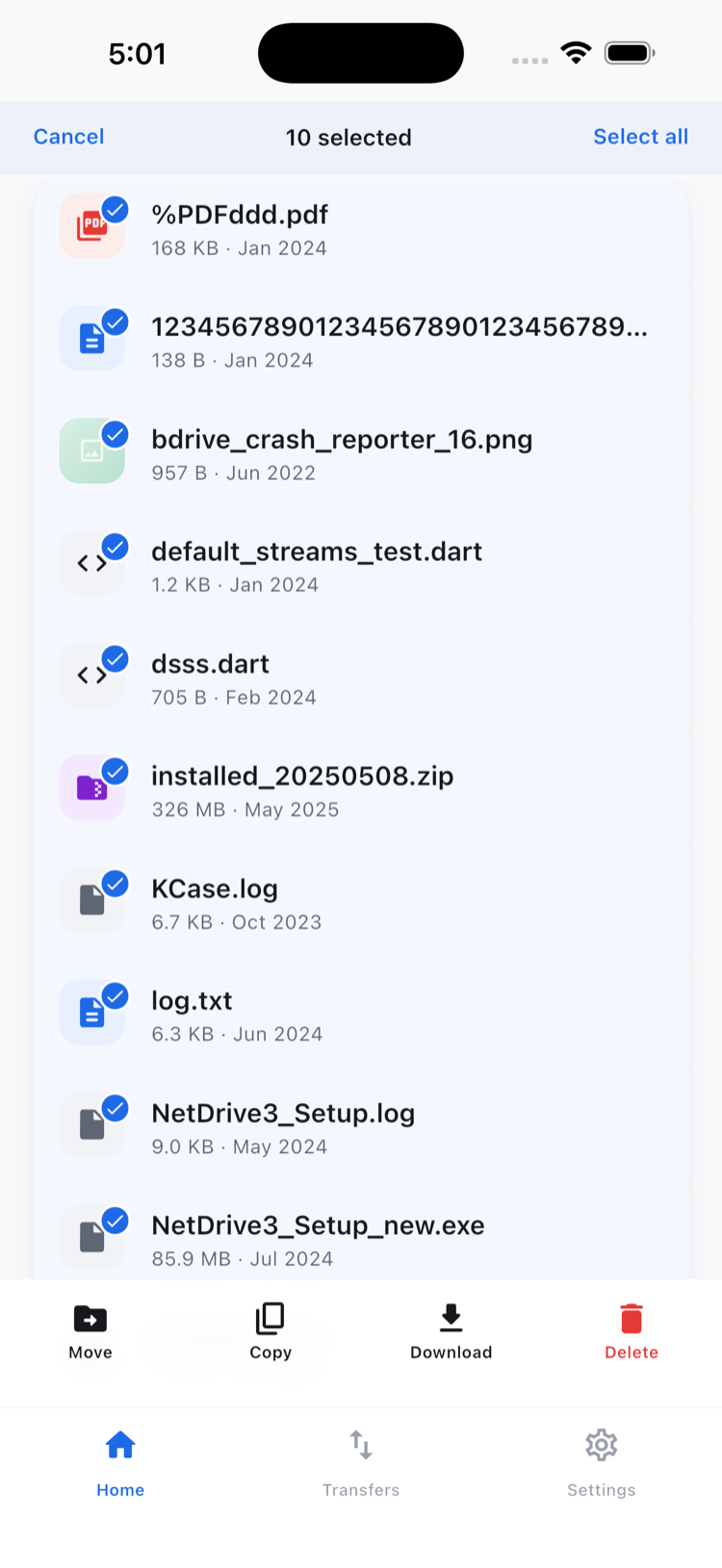 NetDrive Mobile multi-select mode with batch actions along the bottom