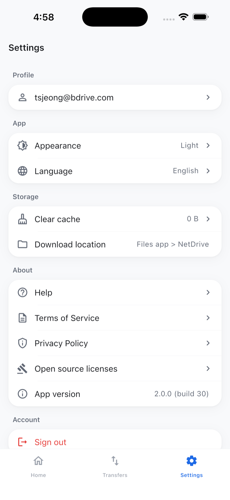 NetDrive Mobile settings screen where account and app preferences are managed
