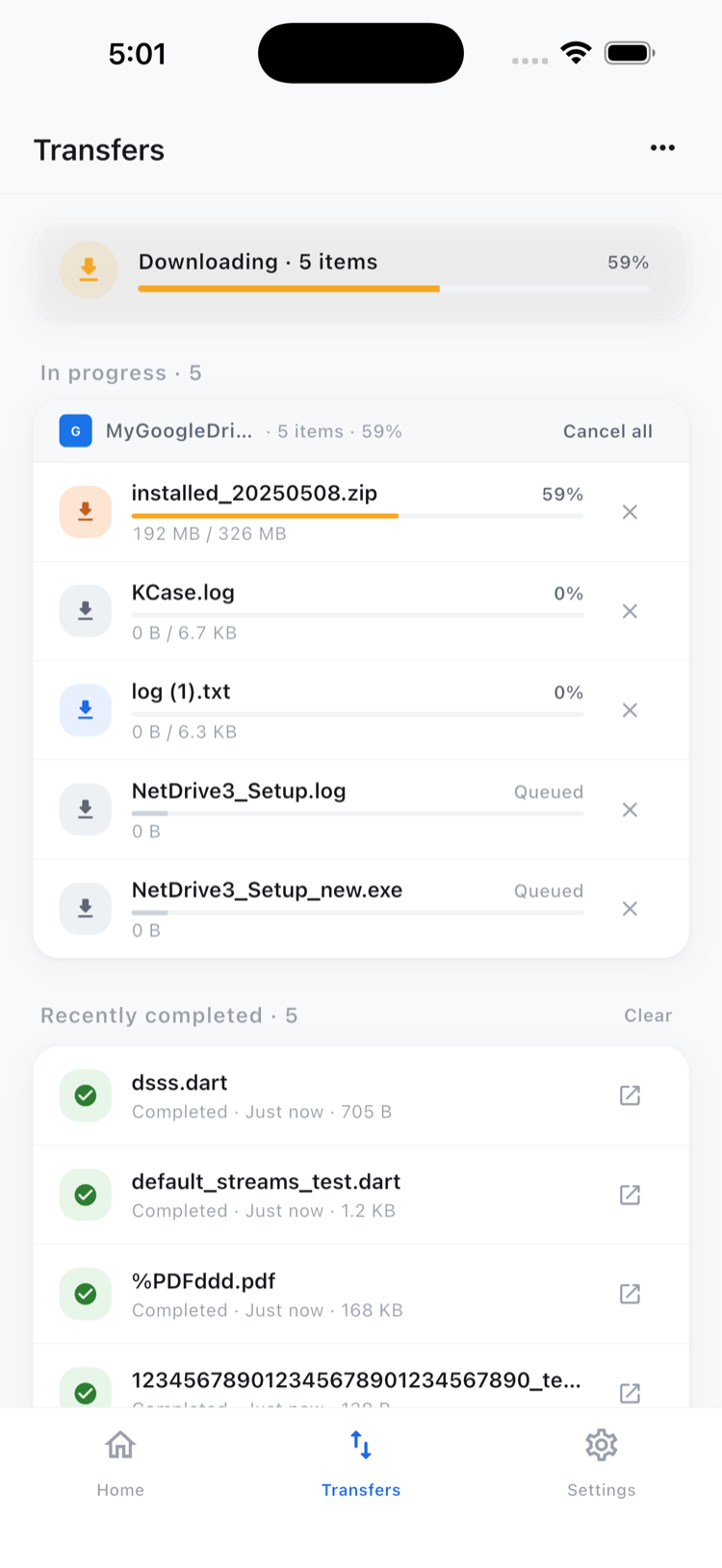 NetDrive Mobile transfers tab with object download progress
