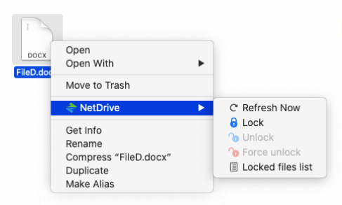 NetDrive right-click context menu showing the file lock option on a shared drive file