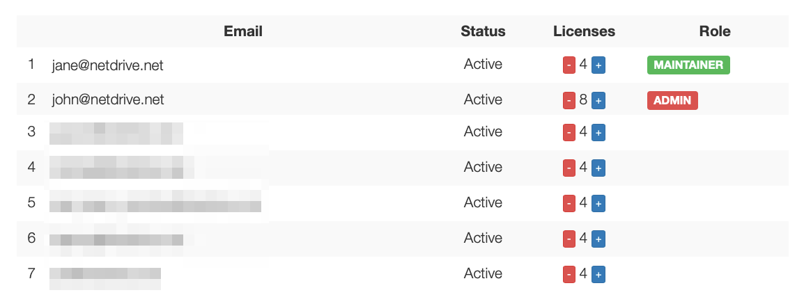 NetDrive team management console showing member seats and published team drives