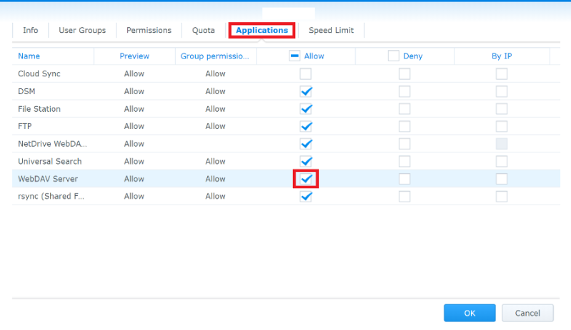 DSM WebDAV server settings showing the enable HTTP and HTTPS toggles