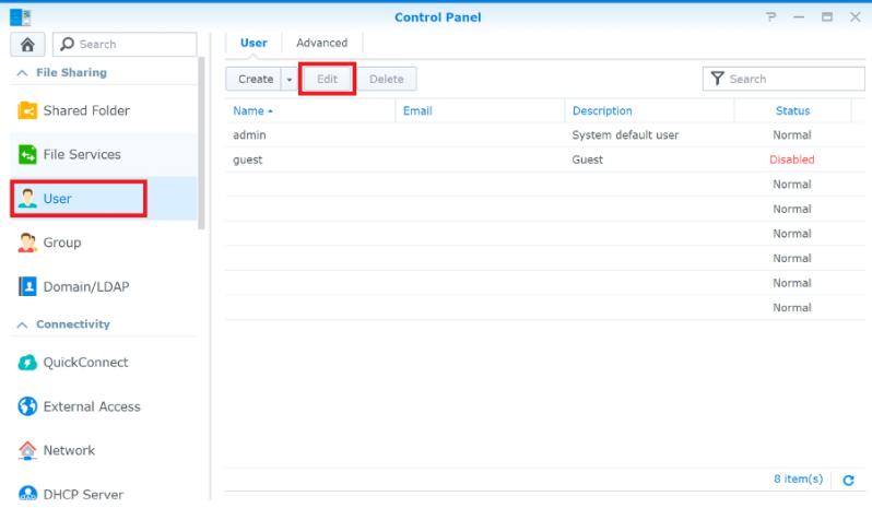 Synology DSM permissions panel for a shared folder